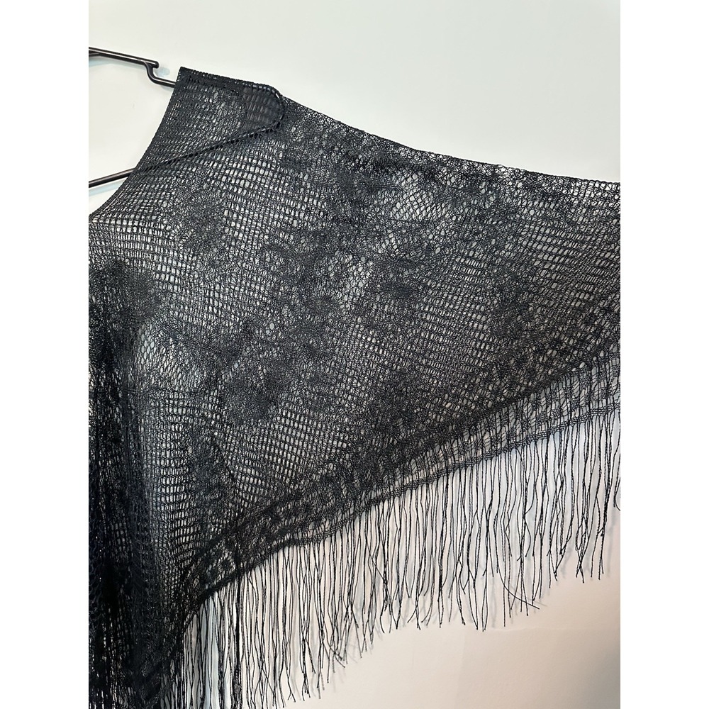 Black Lace Fringe Kimono Cover Up ONE SIZE Boho Sheer Floral Poncho Shawl Top - Picture 8 of 16